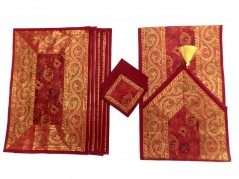 Indian Silk Table Runner with 6 Placemats & 6 Coaster in Red Color Size 16*62